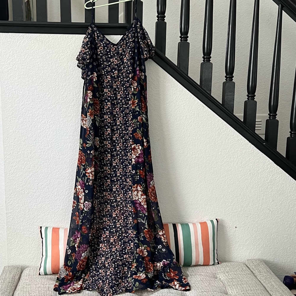 Off the shoulder, floral dress in navy blue
